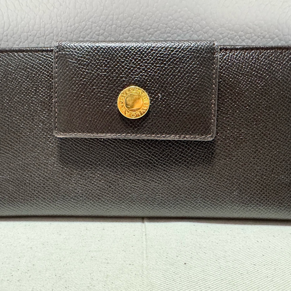 Bulgari Brown Leather Wallet with Gold Logo Snap